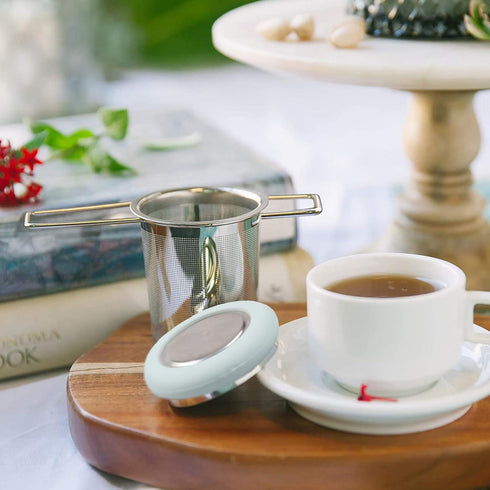 Fenshine Tea Infuser Stainless Steel Tea Strainer Folding Handle Tea Filter Extra Fine Mesh Strainer Brewing Basket with Lid for Loose Leaf Tea (L...