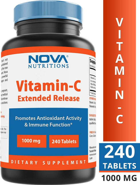 Nova Nutritions Vitamin C 1000 mg 240 Tablets (Extended Release) Made with Rose HIPS, Rutin, Acerola Powder, Bioflavonoids...