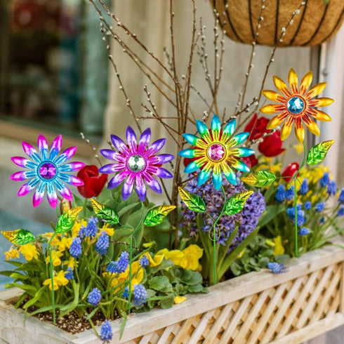 4 Pcs Metal Flower Garden Stakes, 16.3inch Outdoor Garden Decor Metal Flower Stick for Patio, Lawn, Yard, Pathway...