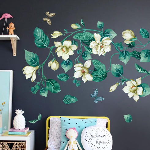 Amaonm Removable DIY 3D Blue Flower Vine White Floral Leaf Art Decor Kids Room Wall Sticker Girls Teens Bedroom Living Room Wall Decals Nursery Ro...