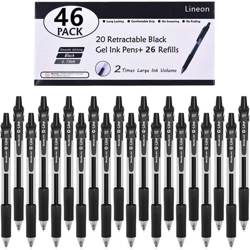 Black Gel Pens, 46 Pack(20 Gel Pens with 26 Refills) Lineon Retractable Medium Point Gel Pens Smooth Writing with Comfortable Grip for Office Scho...