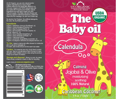 US Organic Baby Oil with Calendula, Smooth Caribbean Coconut, Certified Organic by USDA, Jojoba & Olive Oil with Vitamin E, No Alcohol, Paraben, A...
