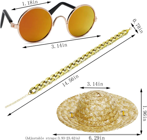 6PCS Pet Dog Cat Costume, Retro Pet Sunglasses, Adjustable Gold Chain Collar & Straw Hat, Funny Pet Accessories for Cat Puppy Small Medium Dog Bir...
