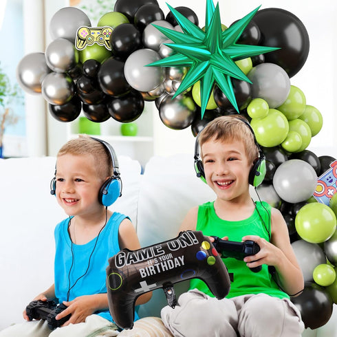 Video Game Balloon Arch, Green Black Balloon Arch Garland, Light Lime Green Black Grey Latex Balloons Star Gamepad Foil Balloon Helium for Boys Me...