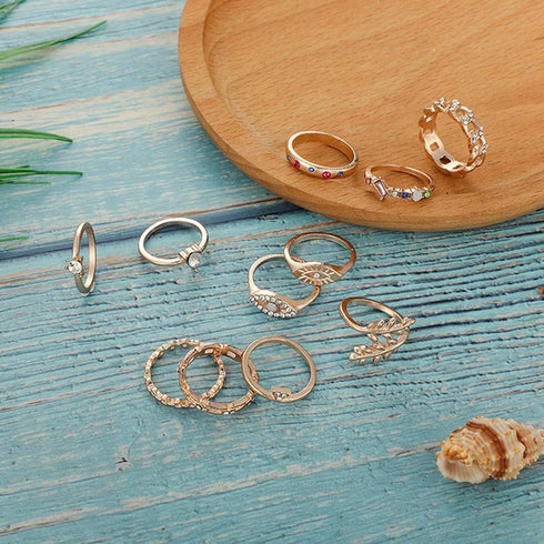 Missgrace Stackable Dainty Gold Color Boho Rhinestones Rings Set Festival Bohemian Rings Set Beach and Vacation Summer Jewelry Knuckle Rings Triba...