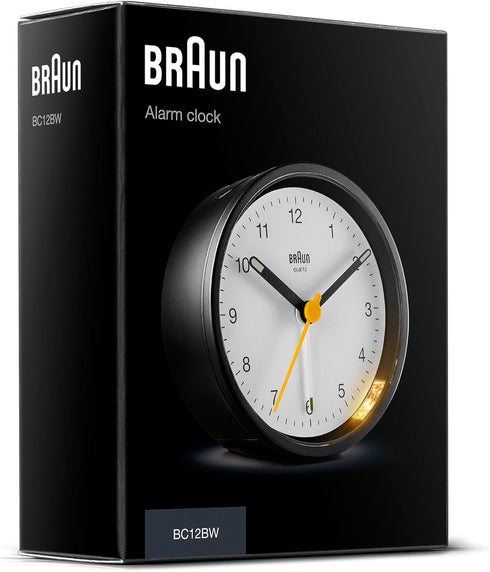 Braun Classic Analogue Alarm Clock with Snooze and Light, Quiet Quartz Movement, Crescendo Beep Alarm in Black and White, Model BC12BW....