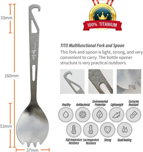 TiTo Titanium Bottle Opener Spork Lightweight Metal Portable Reusable Flatware Spoon Fork for Outdoor Camping, Traveling, Hiking and Picnics Dinne...