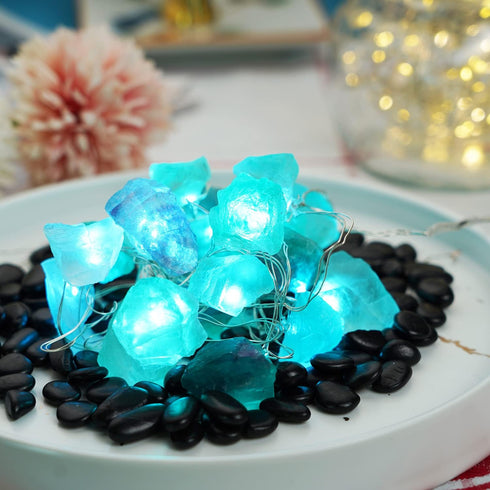 BOHON Natural Fluorite String Lights Battery Operated with Remote Sea Glass Raw Stones Decorative Lights 6.5ft 20 LEDs String Lights for Bedroom P...