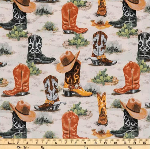 Western Cowboy Boot Calico Cotton Fabric by The Yard - Rodeo Ranch Old West Cowboy Hat Cowboy Boot - Precut Cotton Fabric - One Yard, Brown...