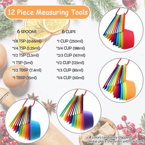 12 Piece Measuring Cups and Spoons Set, Colored Kitchen Measure Tools, Durable Nesting Cups and Spoons for Dry and Liquid, Dishwasher Safe...