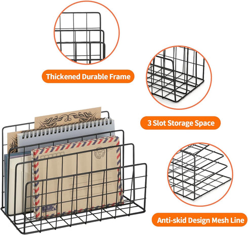 3 Slot Metal Desk Mail Organizer, Mesh Small Large File Magazine Book Record Holders Letter Organizer, Bill/Document/Filing/Folders/Paper Organize...