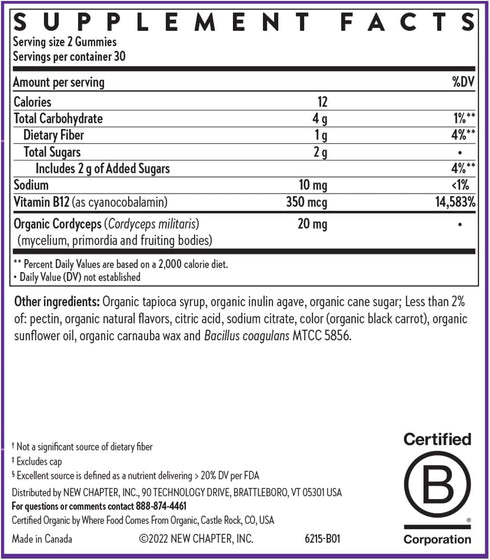 New Chapter® Organic Vitamin B12+ Gummies – 44% Less Sugar§, USDA Organic Vegan B12, TWO Daily Gummies for Cellular Energy Support with Cordyceps,...