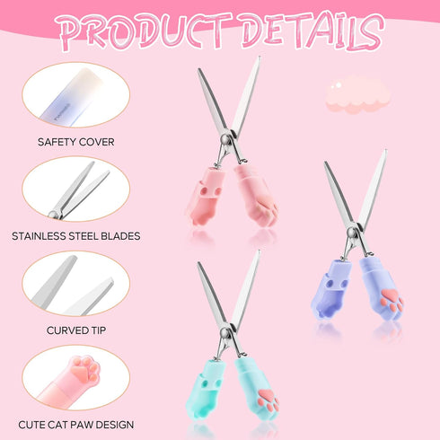 3 Pieces Cute Mini Scissors, Cartoon Cat Paw Stainless Steel Craft Scissors, Folding Stationery Scissors with Safety Cover, Portable Safety Scisso...