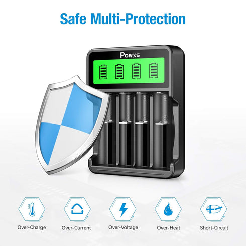 POWXS Universal Lithium 18650 Battery Charger for 3.7V Li-ion 18650 26650 18490 17670 17500 22650 21700 20700 18350 16340 RCR123A 14500, AA AAA & ...
