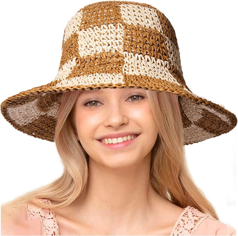 Sun Hats Checkerboard Straw Bucket Hat for Women Packable Crochet Wide Brim Floppy Beach Hats Traveling Summer Accessories...