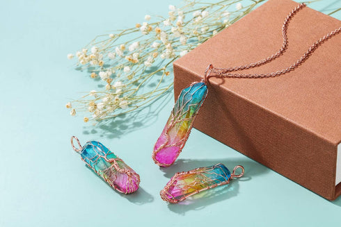 PESOENTH Crystal Necklace Life Tree Rainbow Quartz Gemstone Healing Stone Rose Gold Wire Wrap Necklace Crystal Jewelry Spiritual Gifts for Women...