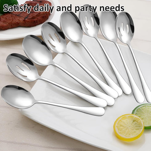 8 Pack Serving Spoons Set - Includes 4 Serving Spoon and 4 Slotted Spoon, 8.6" Stainless Steel Buffet Serving Utensils for Party Banquet Cooking K...