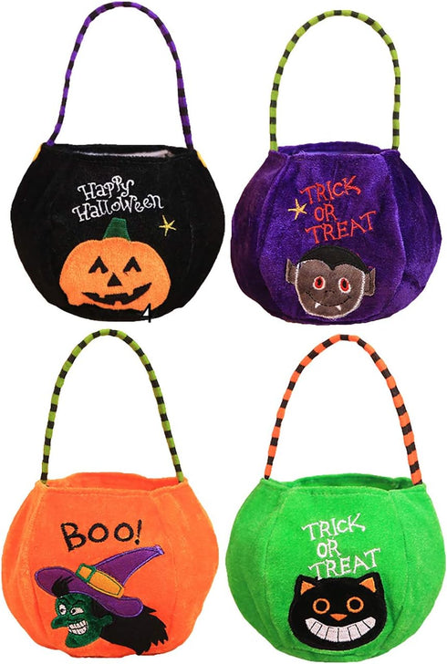 4 Styles Halloween Goody Bags Trick or Treat Candy Bags Velvet Tote Bags Gift Basket for Kids Party Favor, Pumpkin Ghost Black Cat Witch Halloween...