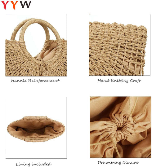 YYW Straw Bags for Women,Hand-woven Straw Top-handle Bag with Round Ring Handle Summer Beach Rattan Tote Handbag...