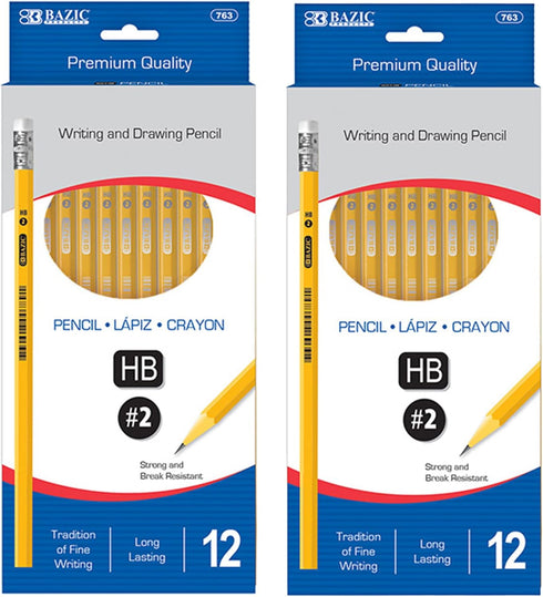 BAZIC Pencil #2 HB Pencils, Latex Free Eraser, Premium Wood Yellow Unsharpened Pencils for Exam School Office Sketching (12/Pack), 2-Packs...