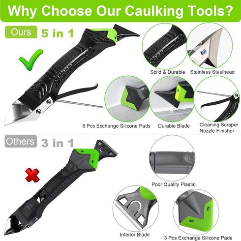 Caulking Tool 5 in 1 Silicone Caulking Grout Removal Tool Sealant Finishing Tool with Grout Scraper, 6 Exchange Silicone Pads, Adhesive Residue Sc...