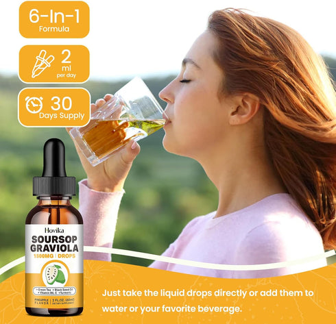 Soursop Graviola Liquid Drops 1500mg - Soursop Leaves & Fruit with Green Tea, Black Seed Oil, Turmeric for Cell Support, Immune, Antioxidant - Sou...