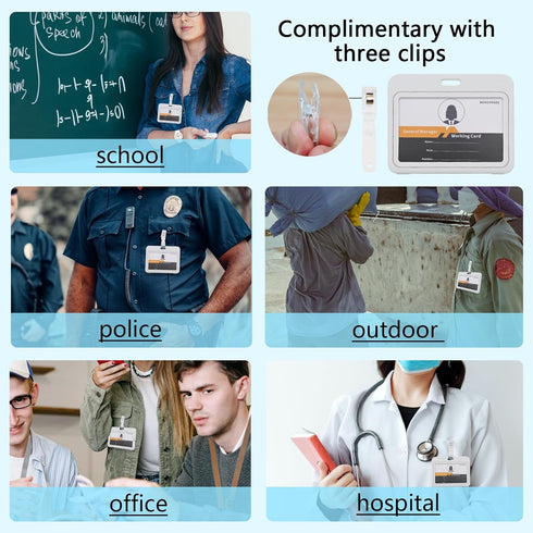 ID Badge Holder with Plastic Clip, Double-Sided Transparent Windows Horizontal Hard White Plastic Case Waterproof Card Holder for Office School ID...