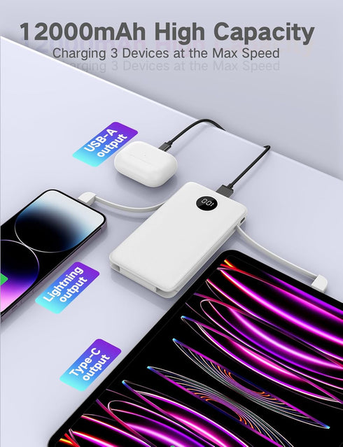 Portable charger12000mAh External Battery Packs,Ultra Slim small Power Bank Compact with Built-in Cables,22.5W USB C Fast Charging LCD Display Clu...