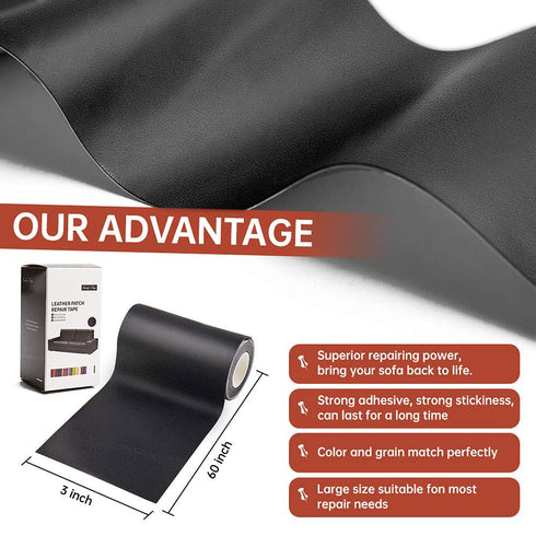 Cindy's Tape Leather Repair Patch Tape Kit Black 3 x 60 inch Self Adhesive Leather Repair Patch for Furniture, Couch, Sofa, Car Seats,Office Chair...