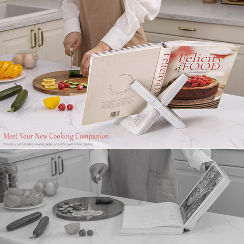 Cookbook Stand, Wooden Recipe Book Holder, Cook Book Stand for Kitchen Counter, Multifunctional Display Stand, Kitchen Counter Decor - White...
