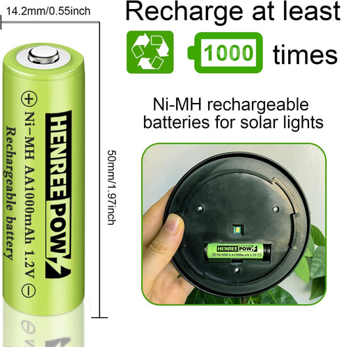 Henreepow Rechargeable AA Batteries, Ni-MH Double A Solar Batteries High Capacity 1.2V Pre-Charged for Outdoor Solar Lights, String Lights?Pathway...