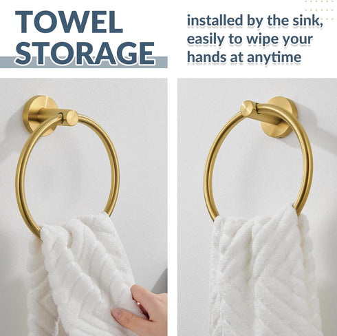 APLusee Hand Towel Ring, 304 Stainless Steel Round Towel Holder, Wall Mounted Towel Hanger for Bathroom Kitchen, Brushed Gold...