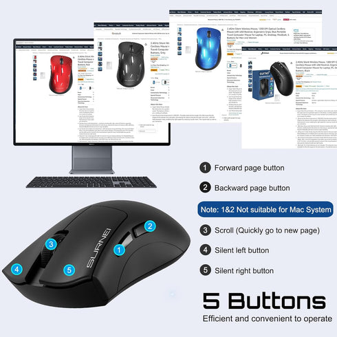 2.4GHz Silent Wireless Mouse, 1200 DPI Optical Sensor Cordless Mouse with USB Receiver, Ergonomic Grips, Portable Travel Computer Mouse for Laptop...