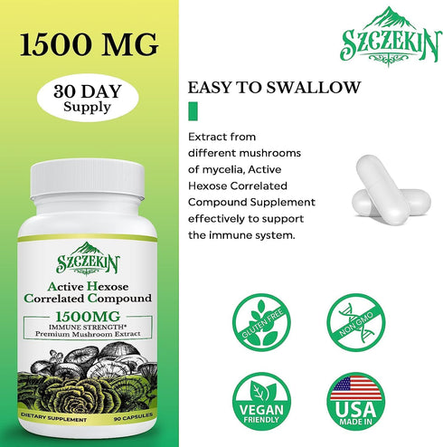 Active Hexose Correlated Compound 1500 mg Supplement, Natural 8 Mushroom Extract Supplement, Immune System, Liver Function, Natural Killer and T C...
