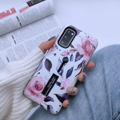 Compatible with Samsung Galaxy S20 Case Finger Grip,3D Embossed Pink Flowers White Shell Design, Rugged Shockproof Slim Fit Dual Layer Finger Ring...