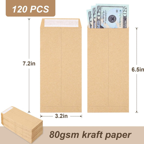 Joyberg 120 PCS Money Envelopes for Cash Kraft Paper, 6.5”x3.2” Small Cash Envelopes for Money Self-Adhesive, Money Saving Challenge Coin Envelope...