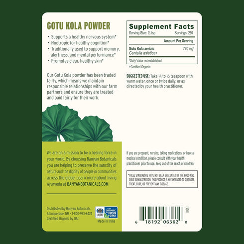 Banyan Botanicals Gotu Kola Powder – Organic Brahmi (Centella Asiatica) – Calming Nootropic Herb for Nervous System Support & Healthy Skin* – ½ lb...