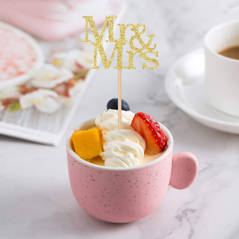 24 Pack of Mr & Mrs Cupcake Picks Gold Glitter Wedding Cucpake Toppers Bridal Baby Shower Party Supplies...
