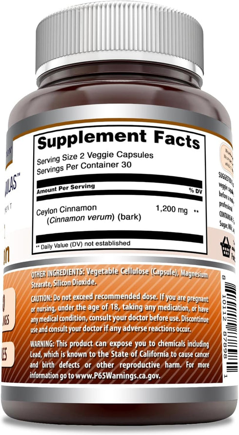Amazing Formulas Ceylon Cinnamon 1200 Mg Per Serving | Veggie Capsules Supplement | Non-GMO | Gluten Free | Made in USA (1 Pack, 60 Count)...
