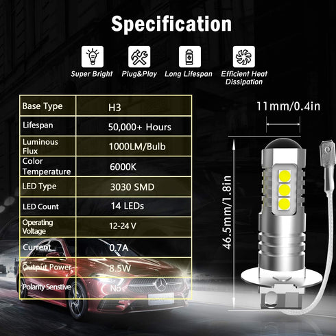 H3 LED Fog Light Bulbs, 2000 Lumens Extremely Bright 3030-SMD H3 LED Bulbs with Projector for Auto Motorcycle Cars Trucks SUV Fog DRL Lights(6000K...