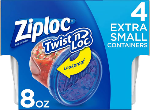 Ziploc Extra Small Round Twist 'n Loc Food Storage Meal Prep Containers, Reusable for Lunch and Leftovers, Dishwasher Safe, 4 Containers and 4 Lid...