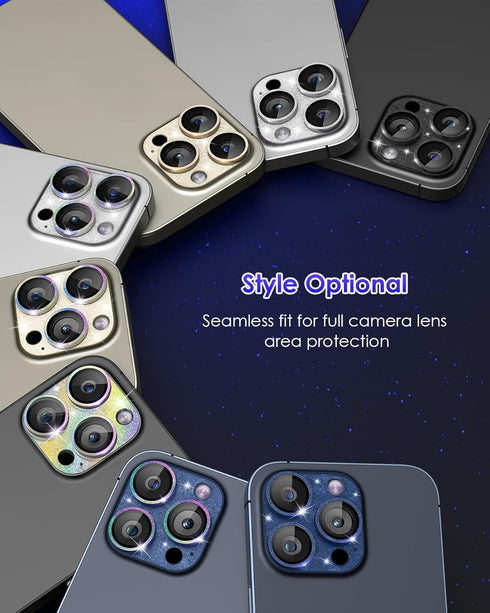 for iPhone 15 Pro/iPhone 15 Pro Max Camera Lens Protector Glitter Plus 9H Tempered Glass Screen Case Friendly Camera Cover for iPhone 15 Pro Max T...