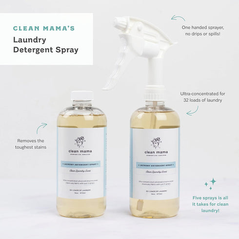 Clean Mama Laundry Detergent Spray & Pre-Treater - Natural Laundry Detergent Soap for Sensitive Skin - Eco-Friendly, HE Compatible - Unscented - 3...