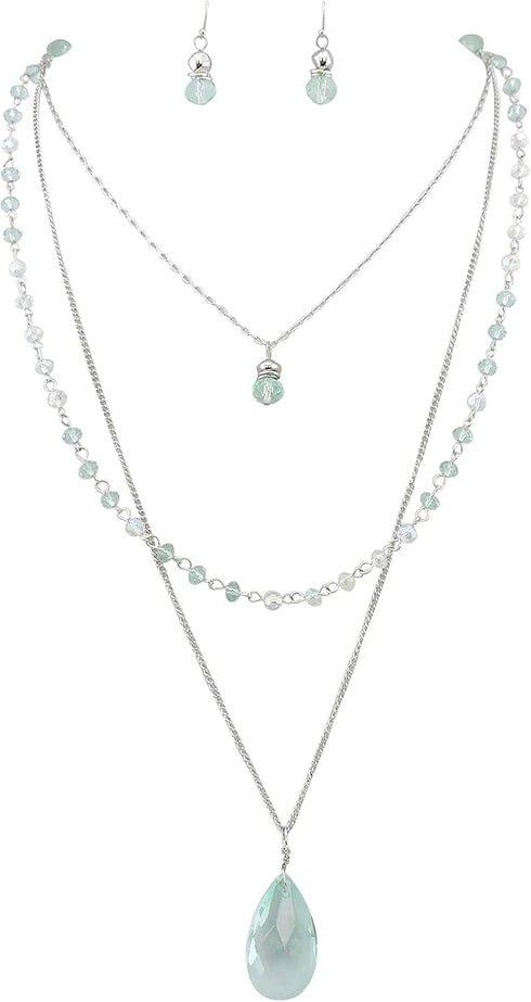 Bocar 3 Layer Jewelry Set Long Chain Pendant Bead Necklace Earring for Women...