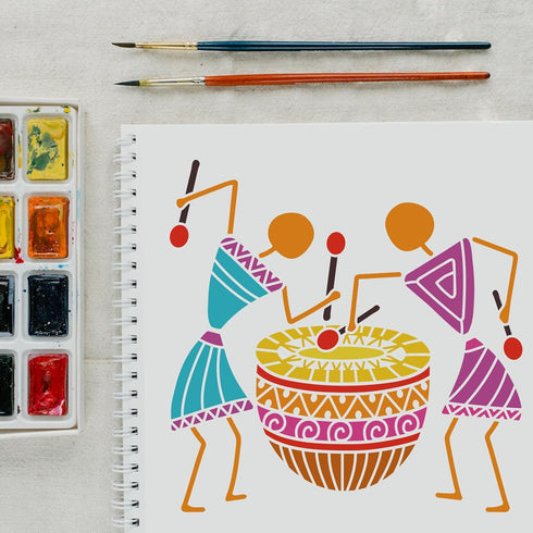 FINGERINSPIRE Warli Art Painting Stencil 11.8x11.8inch Tribal People Drumming Stencil Tribal Art Stencil Decorative Tribe Theme Plastic Stencil fo...