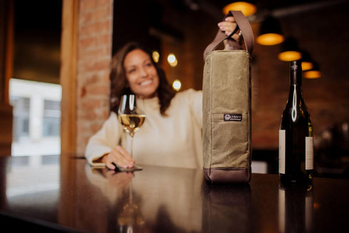 PICNIC TIME 2 Bottle Insulated, Distressed Waxed Canvas Tote, Wine Gift Bag, Khaki Green with Beige Accents...