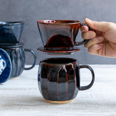 Asayu Japan Ceramic Coffee Pour Over Maker Set in Chocolate Brown, Slow Brewing Paper Filter Holder and Dripper with 3 Holes for Coffee and Tea (C...