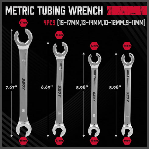 SEDY 4-Piece Flare Nut Wrench Set, Offset End Spanner Metric 9 10 11 12 13 14 15 17mm, CR-V Steel Storage Pouch Repair and Remove Nuts on Fuel Tub...