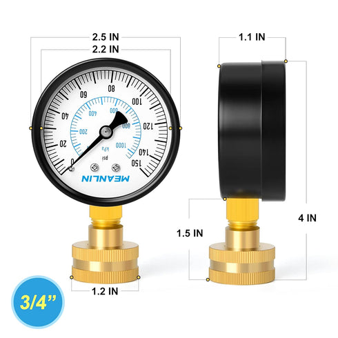 MEANLIN MEASURE 0-150psi Water Pressure Gauge,3/4" Female 2.5" FACE DIAL Water Pressure Test Gauge with Sealing Ring, Water Pressure Gauge for Hom...