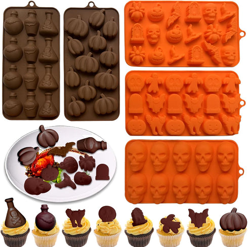 5PCS Halloween Themed Silicone Molds,Acxydm 70 Cavity 3D Skeleton Pumpkin Ghost Bat Tomb Spider Shape Halloween Chocolate Mold,Halloween Silicone ...